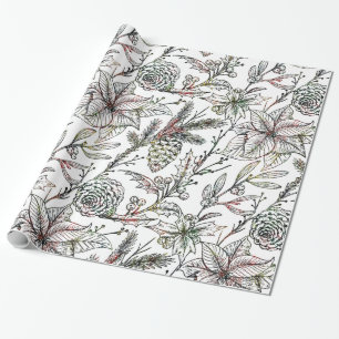 Papel De Presente Padrão de Holly de Natal Preto e Branco