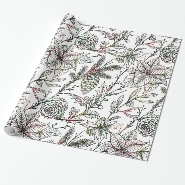 Papel De Presente Padrão de Holly de Natal Preto e Branco (Desenrolado)