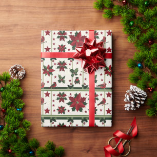Papel De Presente Padrão De Holly E Ivy De Natal Com Cardeais Vermel