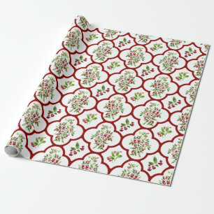 Papel De Presente Padrão de Holly Festiva e Quatrefoil Vermelho