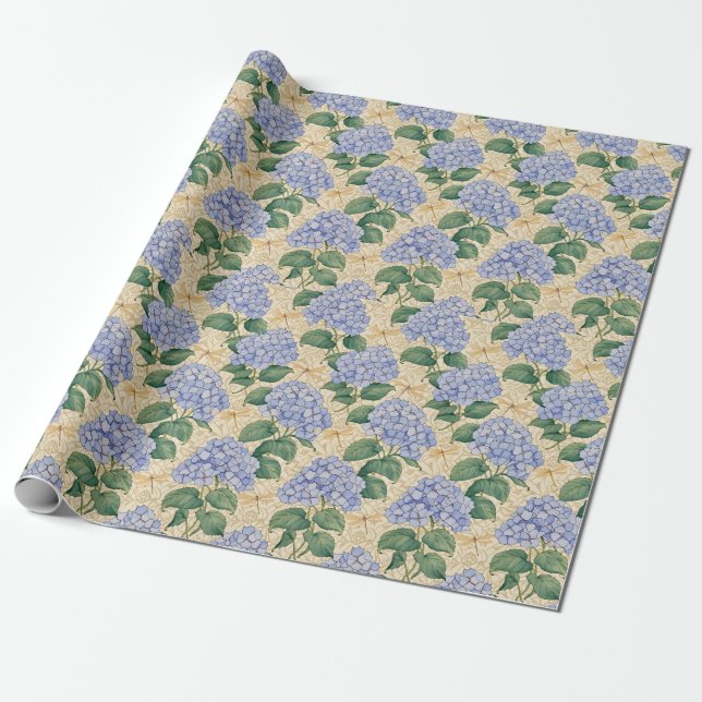 Papel De Presente Padrão de Hortênsia Art Nouveau com Libélulas (Desenrolado)