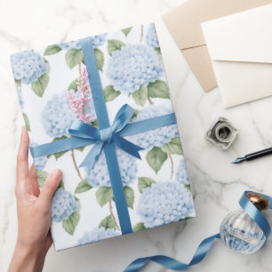 Papel De Presente Padrão de Hortênsia Azul Floral Botânico Aquarela
