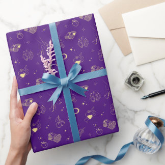 Papel De Presente Padrão de Ícones Roxos e Dourados Witchy S3xy