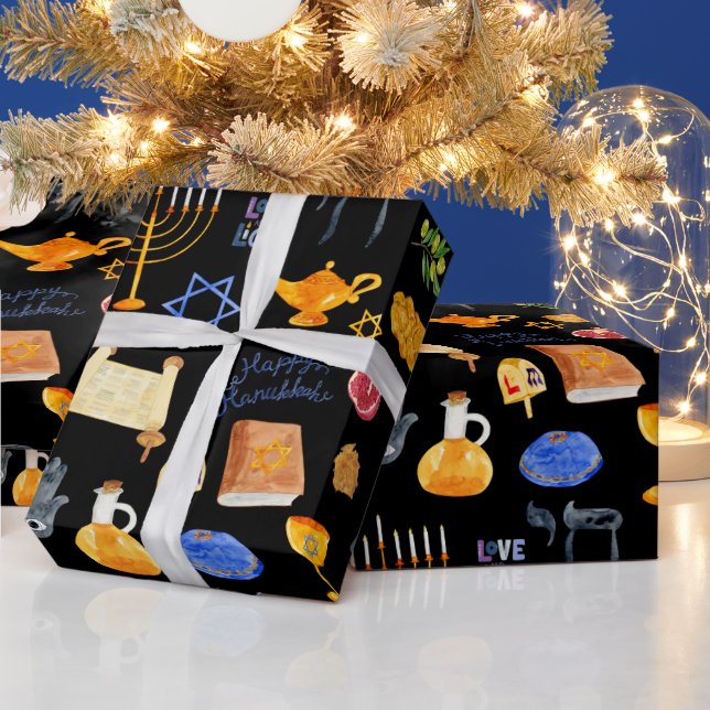 Papel De Presente Padrão de Ilustração de Chanucá com Aquarelas Chee (Feriados)