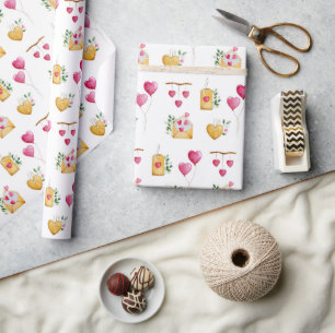 Papel De Presente Padrão de Ilustração de Corações de Aquarelas Româ