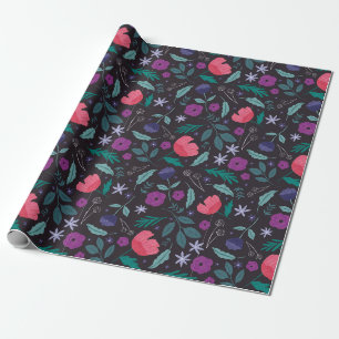 Papel De Presente Padrão de Ilustração Floral Rosa e Roxo