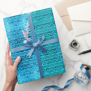 Papel De Presente Padrão de Impressão Tribal de Glam Turquoise Faux
