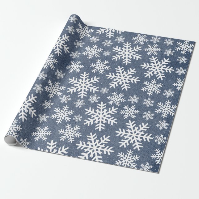 Papel De Presente Padrão de inverno do Floco de Neve Azul Fenda de N (Desenrolado)