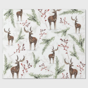 Papel De Presente Padrão de Inverno Veado e Agulhas de Abeto