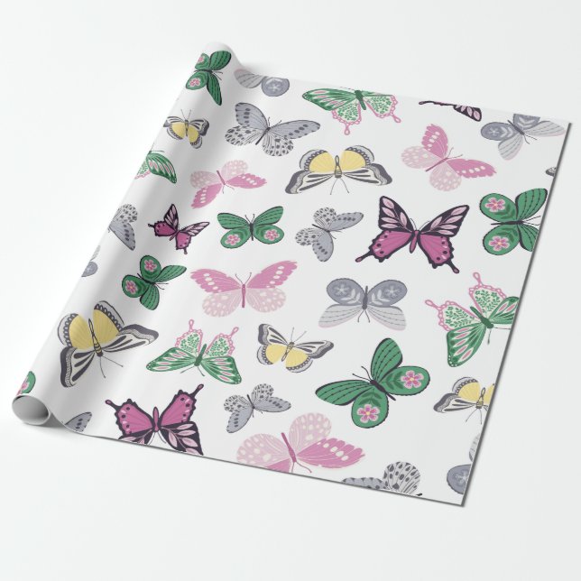 Papel De Presente Padrão de Jardim de Borboleta de Aquarela (Desenrolado)