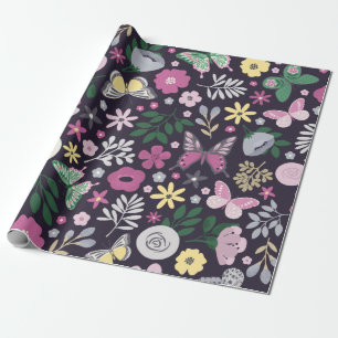 Papel De Presente Padrão de Jardim de Borboletas em Aquarela