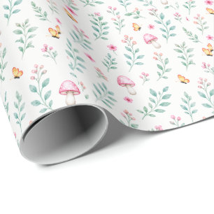 Papel De Presente Padrão de Jardim de Cogumelos Florais em Aquarela