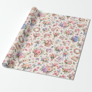 Papel De Presente Padrão de Jardim Floral Vintage Rosas Românticas