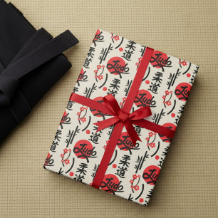 Papel De Presente Padrão de Judô - Faixa Preta, Kanji e Sol