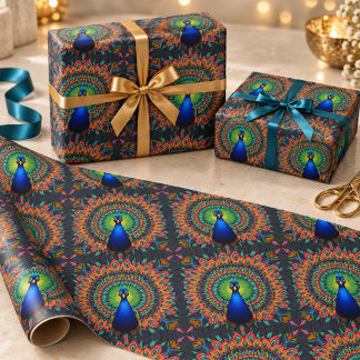Papel De Presente Padrão de Kaleidoscópio de Pena de Pavão Vibrante
