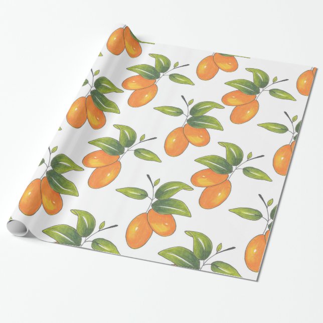 Papel De Presente Padrão de Kumquats Desenhado à Mão (Desenrolado)