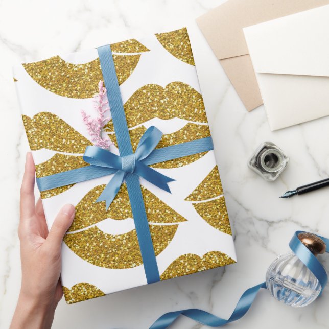 Papel De Presente Padrão de Lábios de aparência de brilho Dourado (Presentear)
