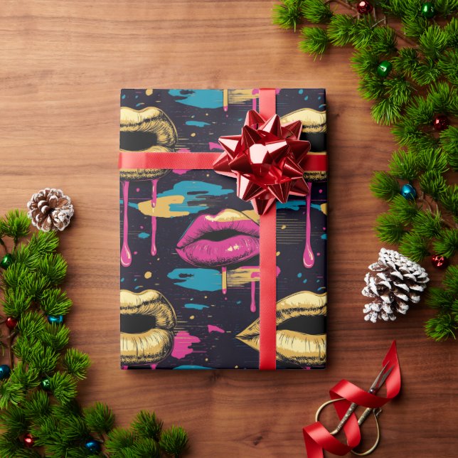 Papel De Presente Padrão de Lábios de Arte Pop em Negrito com Goteja (Presente de Natal)