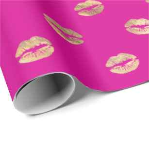 Papel De Presente Padrão de Lábios Dourados de Beijo Rosa-Quente 
