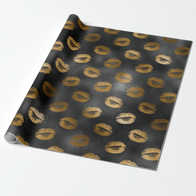 Papel De Presente Padrão de Lábios Glam Black e Gold (Desenrolado)
