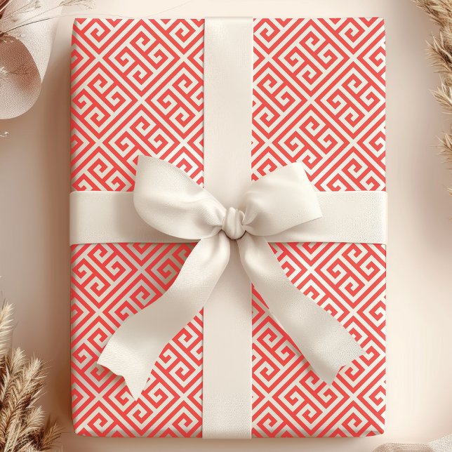 Papel De Presente Padrão de Labirinto Chave Grega Vermelho e Branco (Criador carregado)