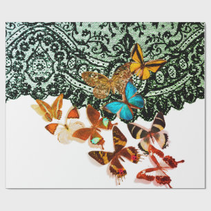 Papel De Presente PADRÃO DE LACE PRETO COM BOTTERFLIOS E Papel