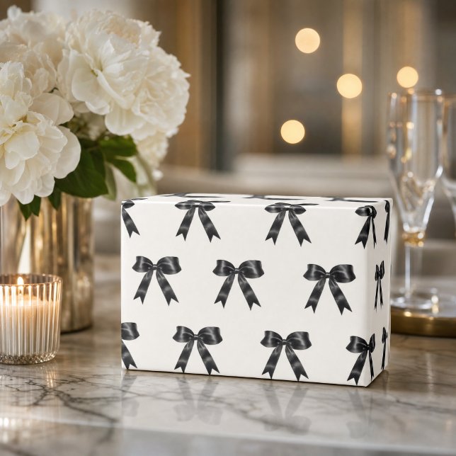 Papel De Presente Padrão de Laço de Cetim Preto Elegante | Minimalis (Elegant Black Satin Bow Pattern | Chic Minimal Wrapping Paper)