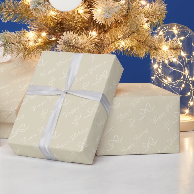 Papel De Presente Padrão de Laço de Férias Felizes Bege Pastel (Feriados)