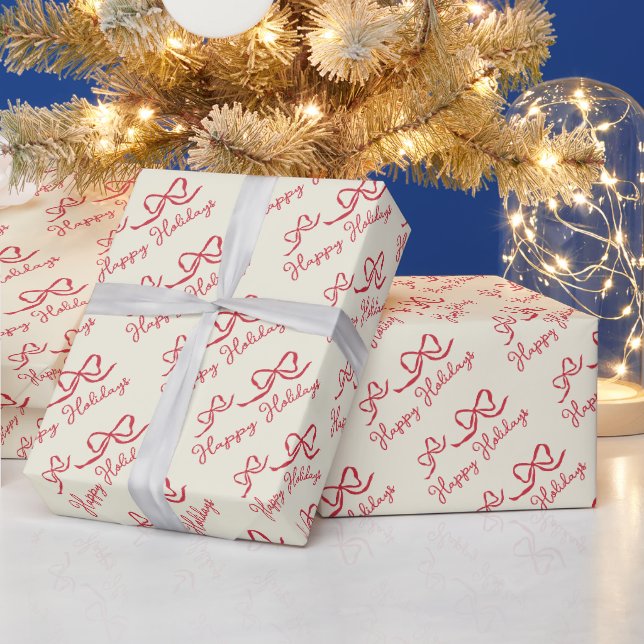 Papel De Presente Padrão de Laço de Férias Felizes Bege Vermelho (Feriados)