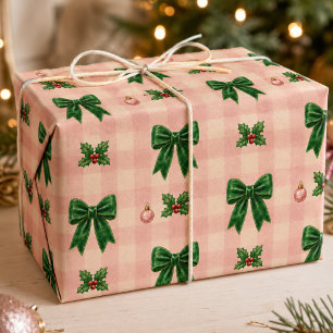 Papel De Presente Padrão de Laço de Natal Xadrez Rosa Verde Feminino