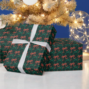 Papel De Presente Padrão de Laços Coquette Vermelho e Verde Festivo