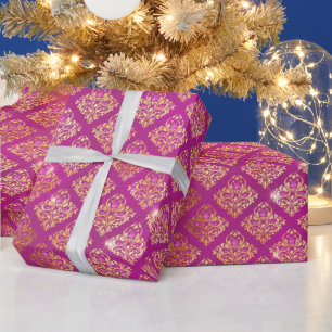 Papel De Presente Padrão de Lantejoulas Damasco Magenta e Dourado