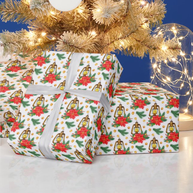 Papel De Presente Padrão de Lanterna de Natal Poinsettia Ramos de Ab (Feriados)