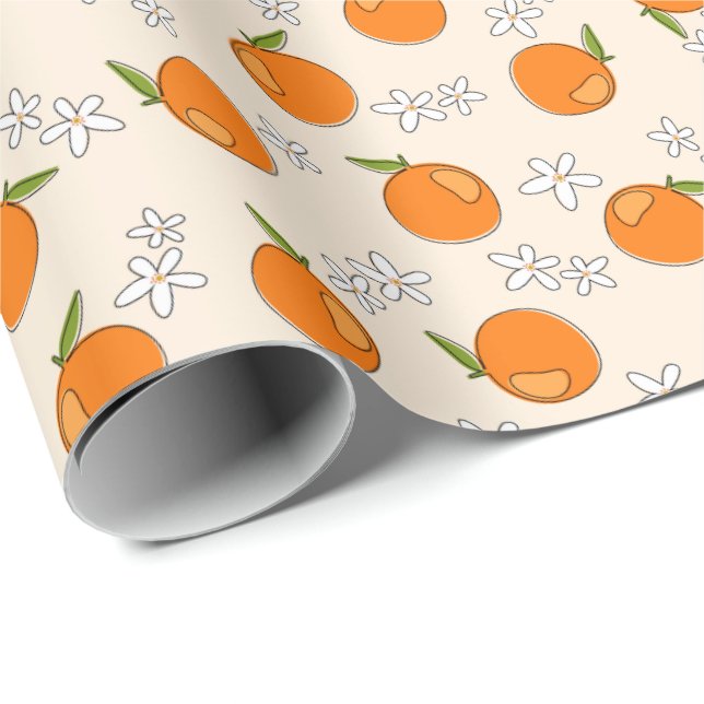 Papel De Presente Padrão de Laranja e Flor (Ponta do rolo)