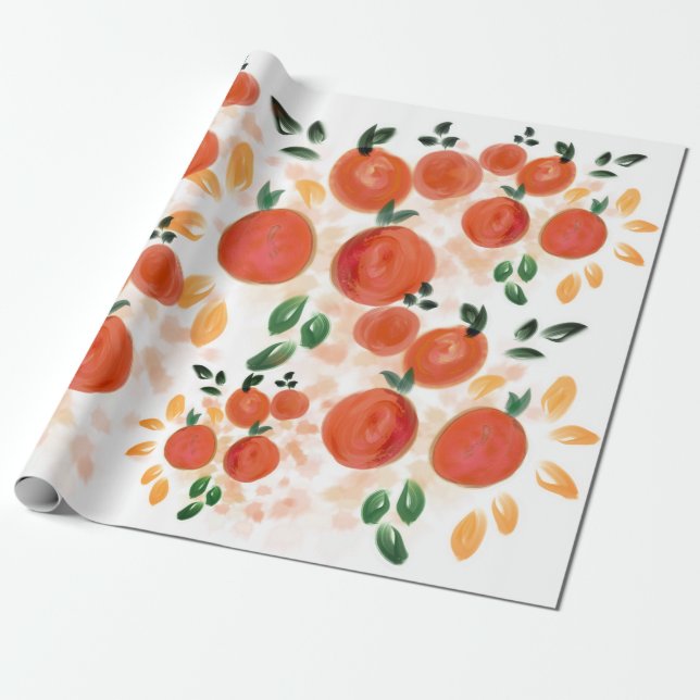 Papel De Presente Padrão de Laranja Tropical e Folhas (Desenrolado)