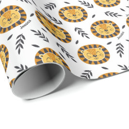 Papel De Presente Padrão de Leão Selvagem com Nome de Criança