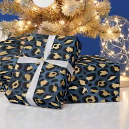 Papel De Presente Padrão de Leopardo Azul Dourado