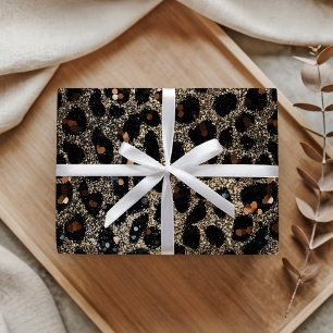 Papel De Presente Padrão de Leopardo Dourado Preto Marrom Brilho Lux