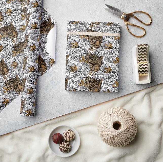 Papel De Presente Padrão de leopardo e peônias (Artesanato)