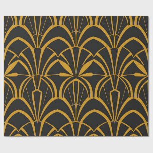 Papel De Presente Padrão de Leque Art Déco Clássico Preto Dourado Ru