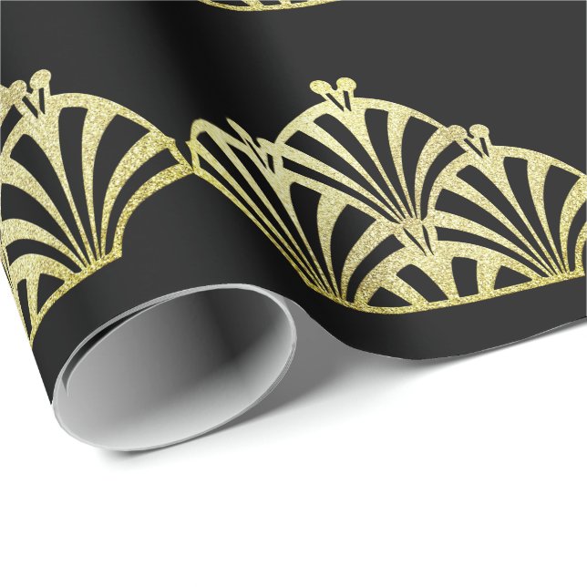 Papel De Presente Padrão de leque art déco preto dourado elegante vi (Ponta do rolo)