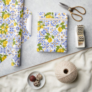Papel De Presente Padrão de limão cítrico mediterrâneo