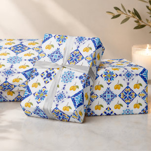 Papel De Presente Padrão de Limão Country Francês Azul