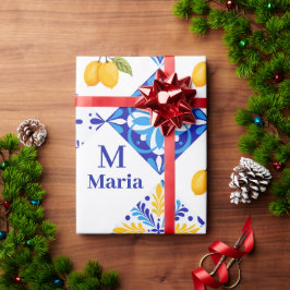 Papel De Presente Padrão de Limão Country Francês Azul Monograma Nom