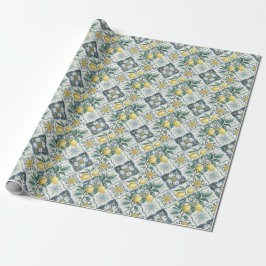 Papel De Presente Padrão de Limão Country Francês Azulejo Azul
