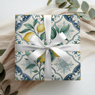 Papel De Presente Padrão de Limão Country Francês Azulejo Azul