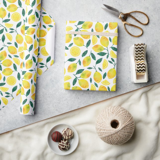 Papel De Presente Padrão de Limão de Aquarela Amarela (Artesanato)