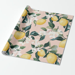 Papel De Presente Padrão de Limão e Flor Vintage a Rosa