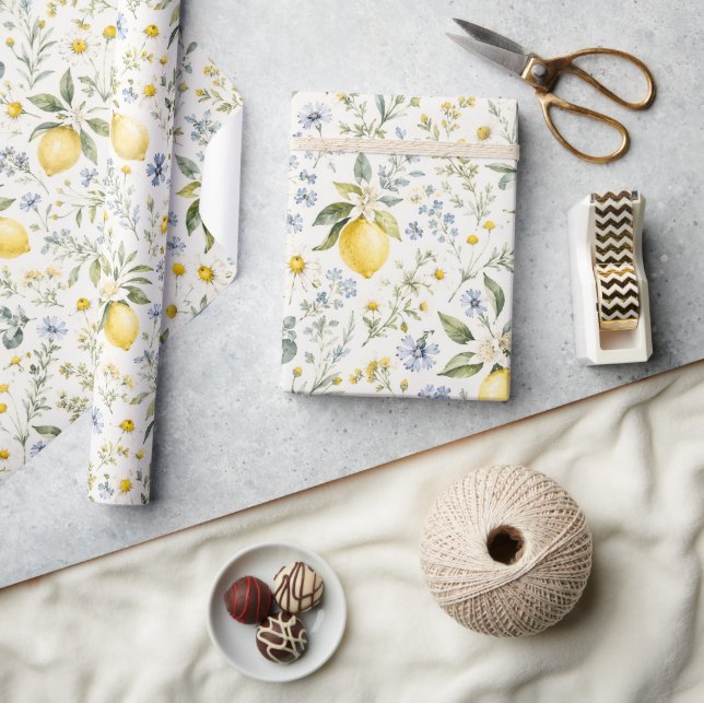 Papel De Presente Padrão de limão e flores silvestres no estilo fran (Artesanato)
