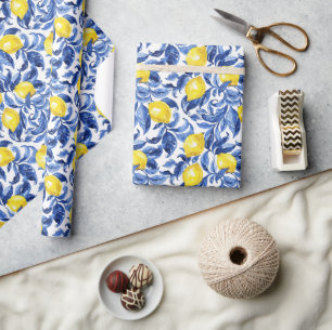 Papel De Presente Padrão de Limão em Aquarela Azul